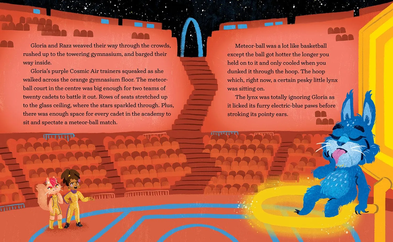 Gloria and Razz at the edge of a huge orange meteor-ball court ringed with tiered seating